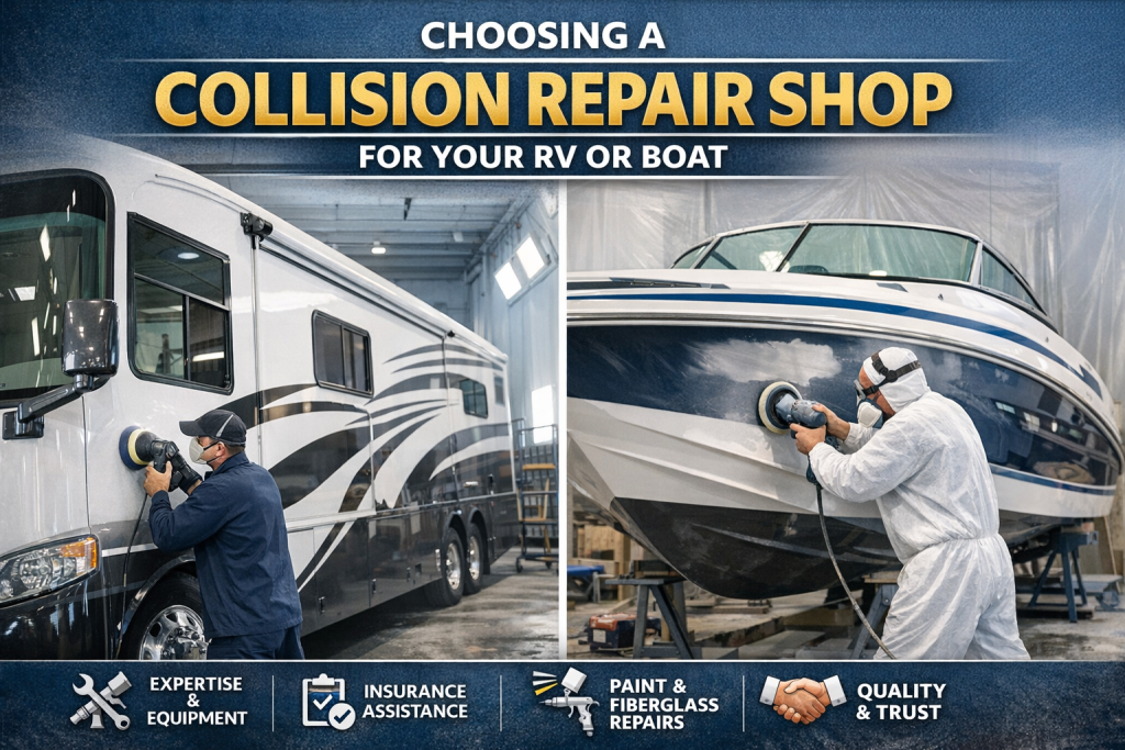 Side by side photo of an RV and a boat being painted by a professional 