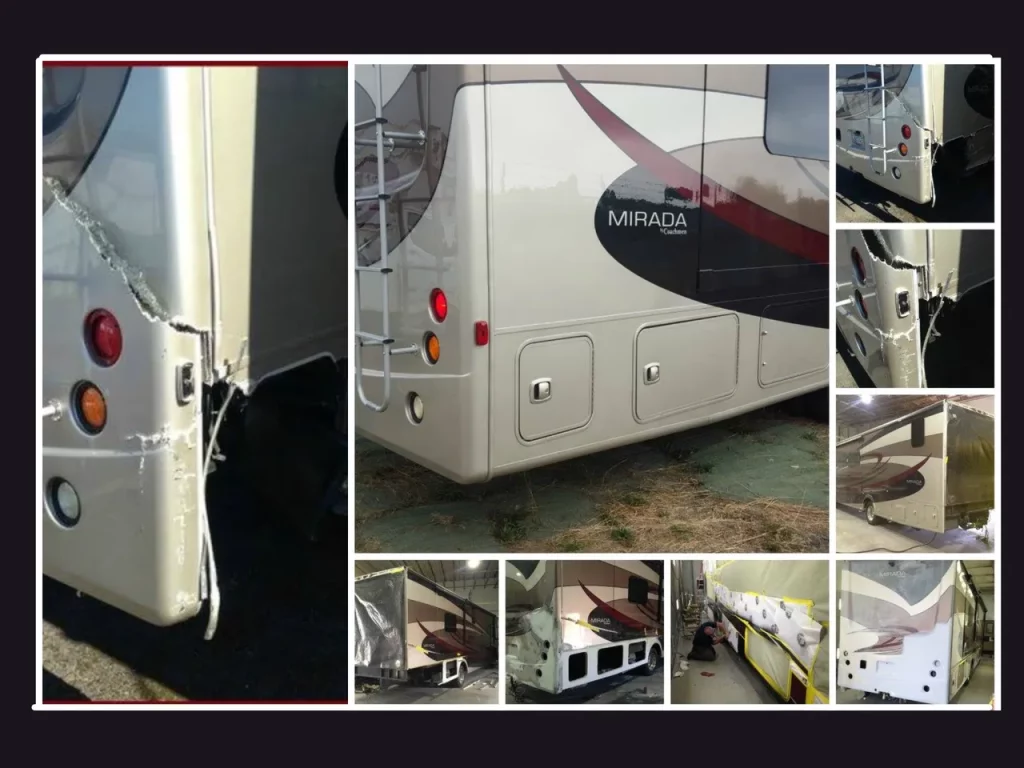 Photos of the painting process show the steps of painting, including sanding, masking, priming, and painting. and the after shows the final product.