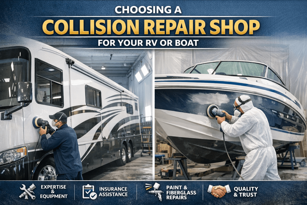 Side by side photo of an RV and a boat being painted by a professional 